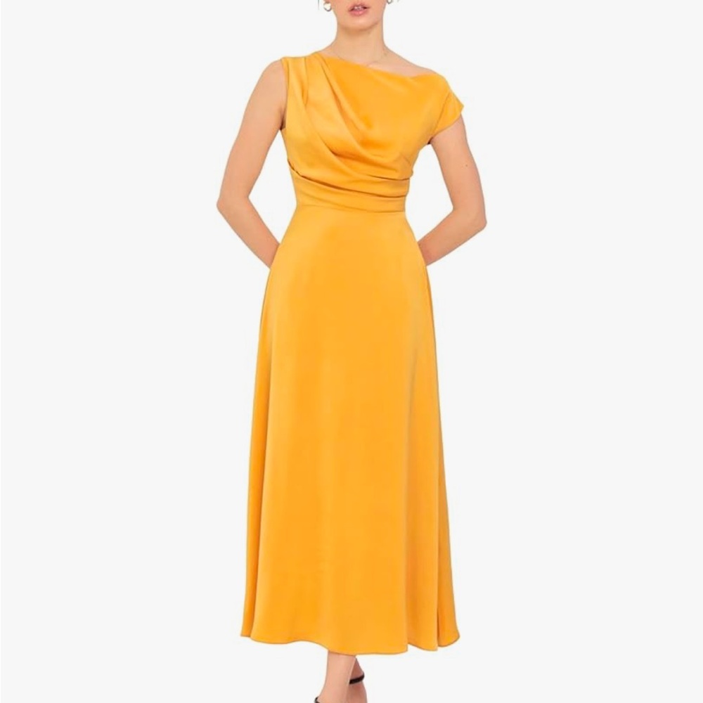 NWT wearVAST Sleeveless Silk Draped Asymmetrical Satin Midi Dress 16 Yellow